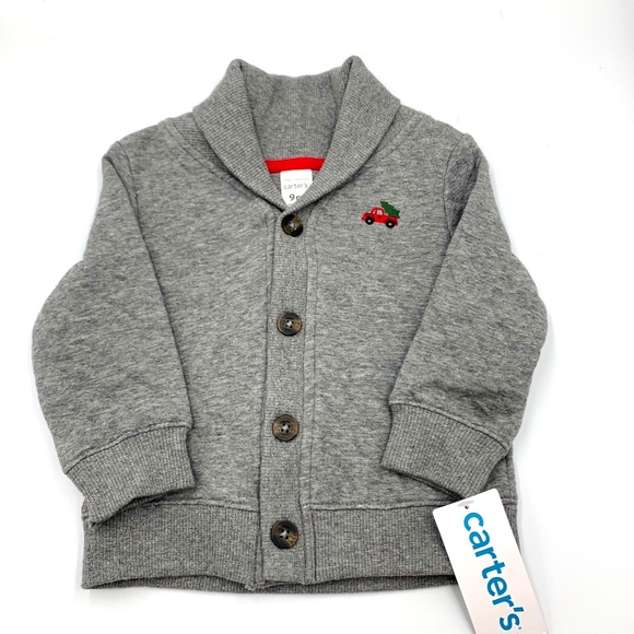 New Carter’s Baby Boy Christmas embroidered red truck/ gray button up Cardigan - Picture 1 of 12